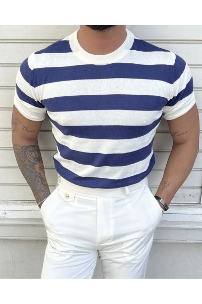 Erkek Beyaz-Saks Çizgili Normal Kalıp Triko T-Shirt