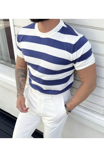 Erkek Beyaz-Saks Çizgili Normal Kalıp Triko T-Shirt