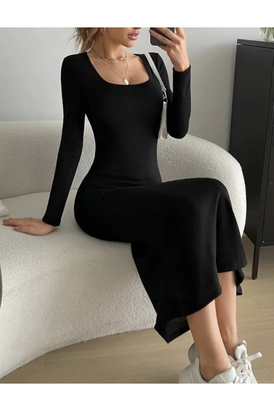 Siyah Kare Yaka Uzun Kollu Esnek Uzun Elbise