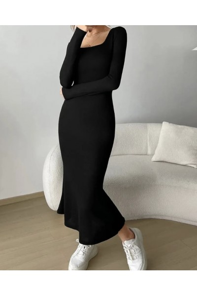 Siyah Kare Yaka Uzun Kollu Esnek Uzun Elbise