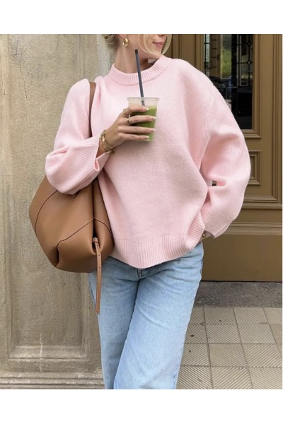 Pembe Bisiklet Yaka Oversize Triko Kadın Kazak